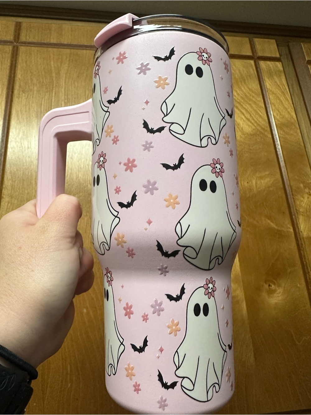 Pink Ghost Pattern Insulated Travel Mug with Handle